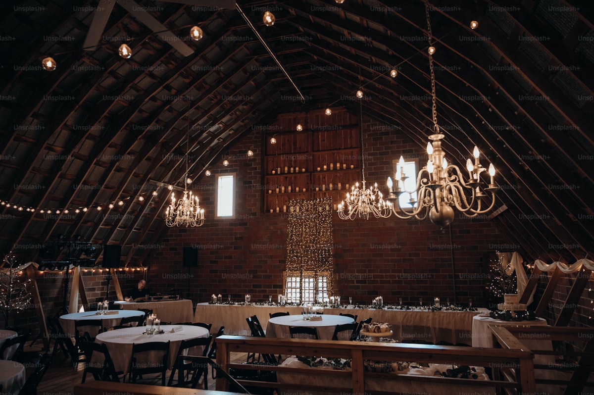 Side by side comparison of wedding venue with and without uplighting