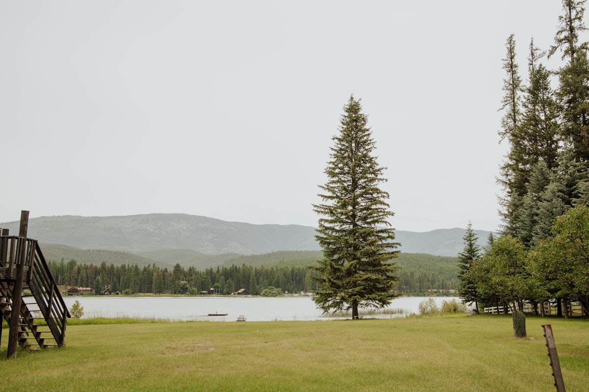 Wedding reception setup at Flathead Lake with mountain views