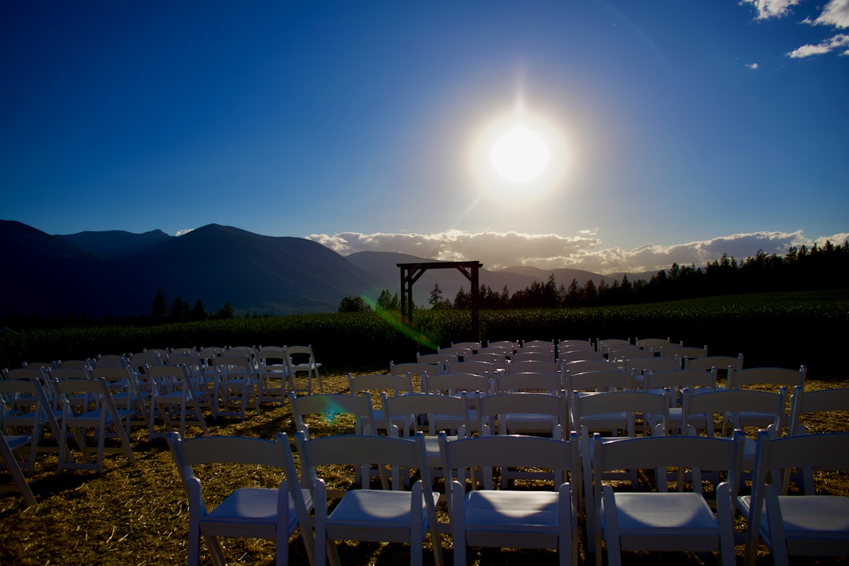 Sound system setup for outdoor wedding ceremony with mountain views in Montana