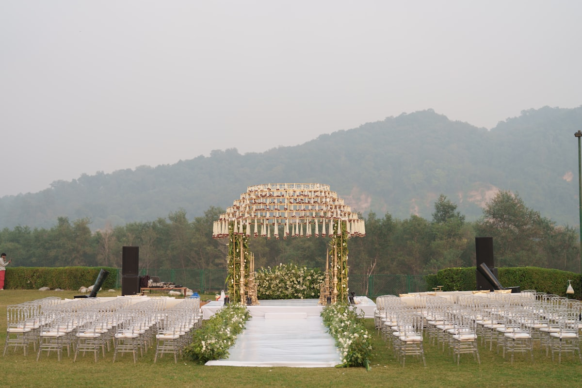 Complete outdoor wedding sound system setup at Montana mountain venue