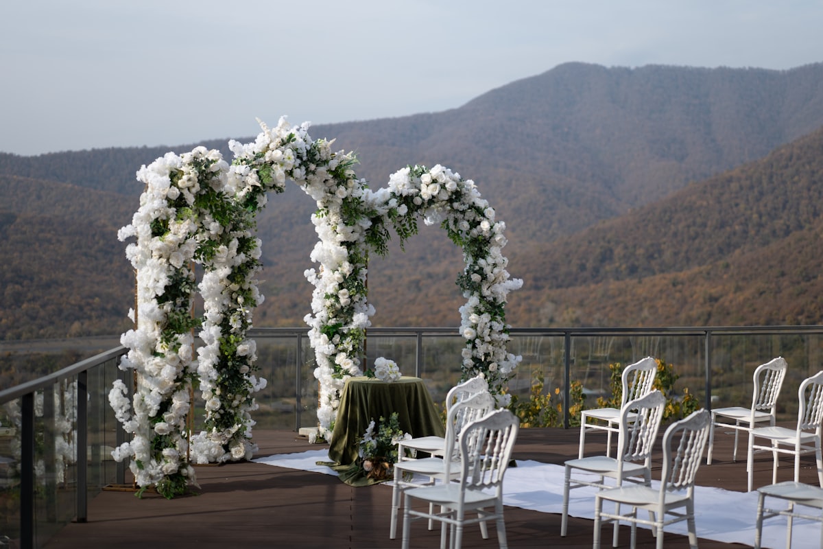Professional wedding DJ equipment setup at mountain wedding venue