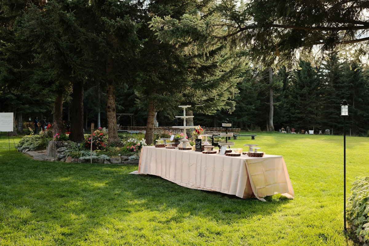 Wedding entertainment setup with DJ booth and photo area at Montana mountain venue