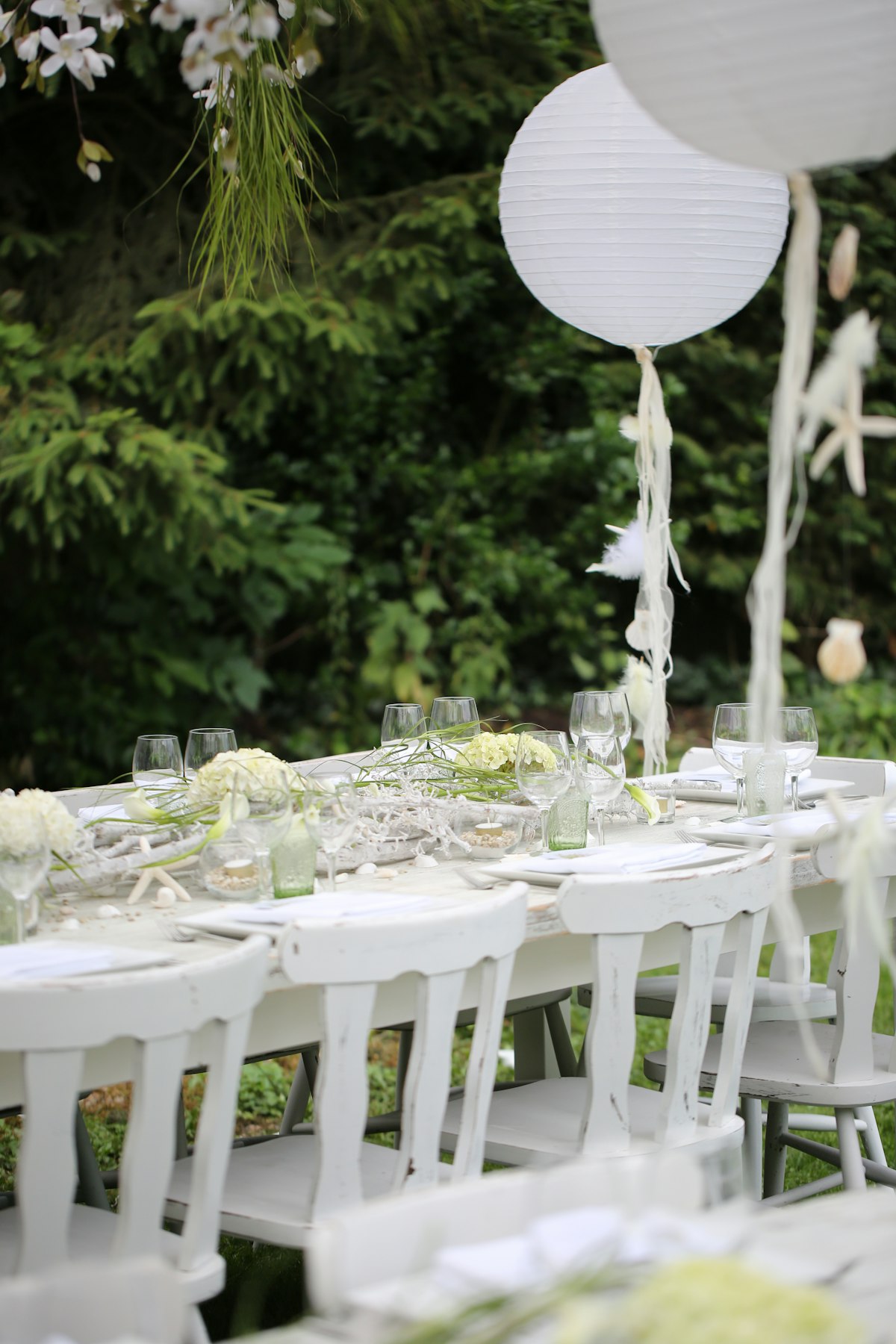 Summer wedding reception set up in an open Montana meadow with mountains in the distance