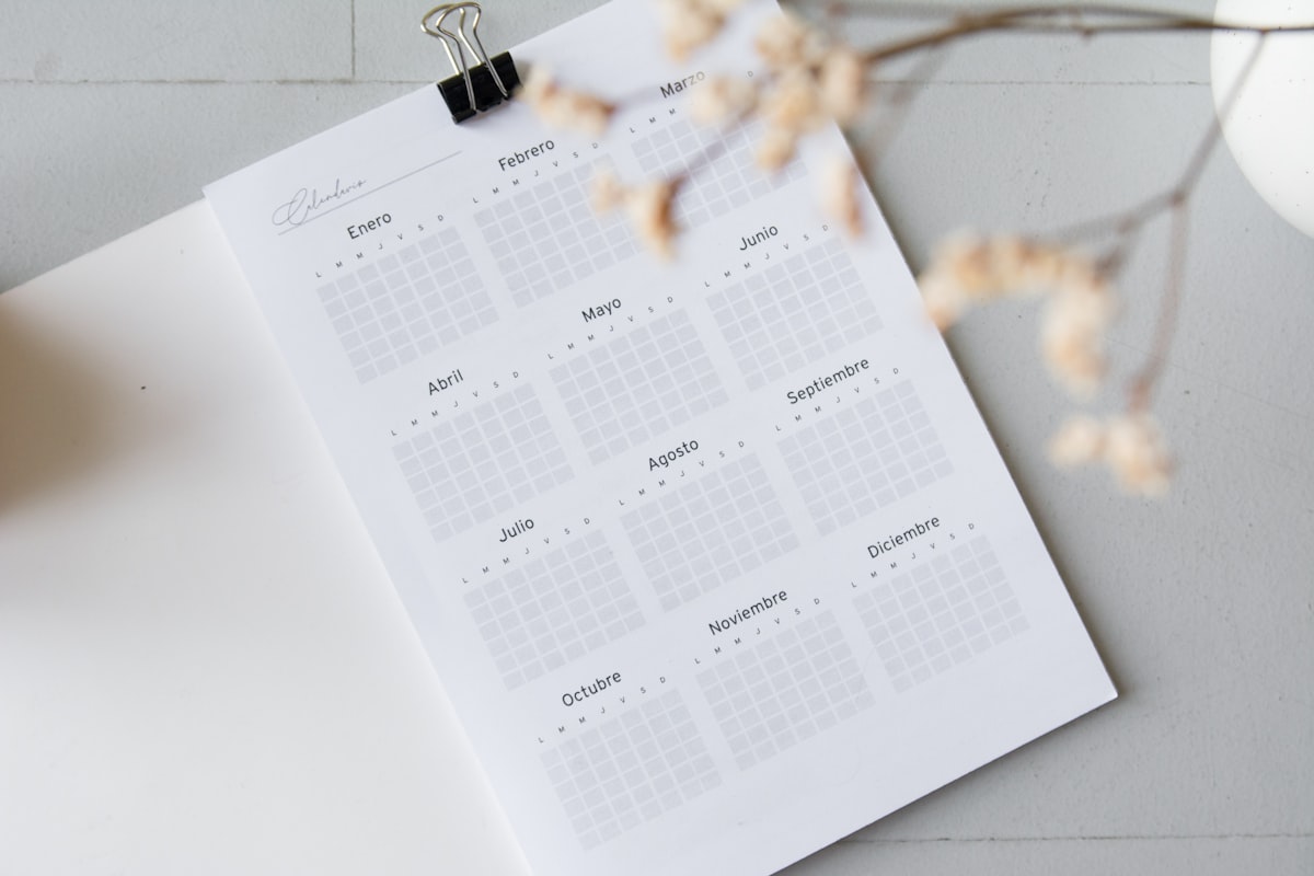 Wedding planning calendar showing DJ booking timeline 12-18 months in advance