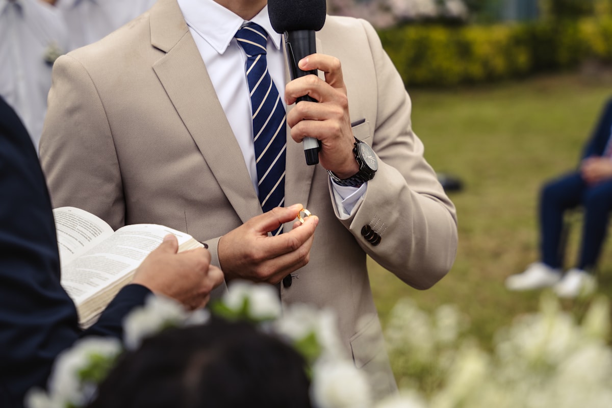 Wedding officiant using professional wireless microphone system